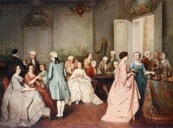 Interior With Galant Company Enjoying A Party Oil Painting by Benjamin Eugene Fichel