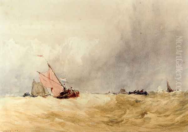 Shipping On The Sheldt, Dort Church In The Distance Oil Painting by David Cox