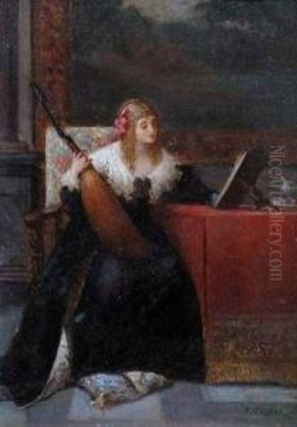 Jeune Femme A La Mandoline. Oil Painting by Benjamin Eugene Fichel