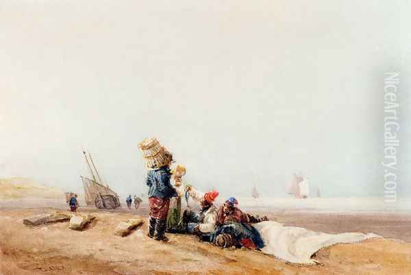 Fisherfolk On The Shore Oil Painting by David Cox