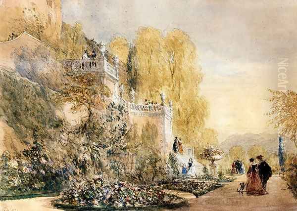 Figures On The Terraces At Powis Castle, Montgomeryshire Oil Painting by David Cox