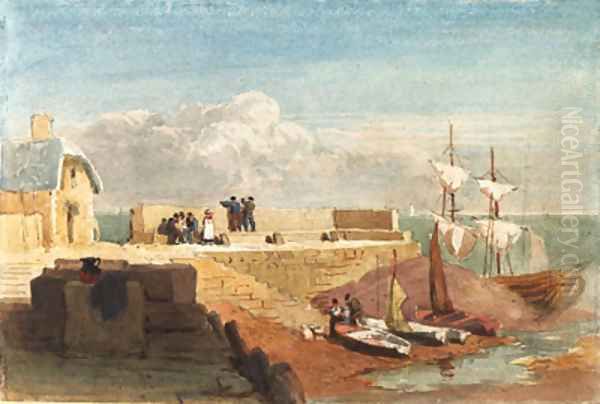 Figures by a harbour wall with boats moored in the foreground Oil Painting by David Cox