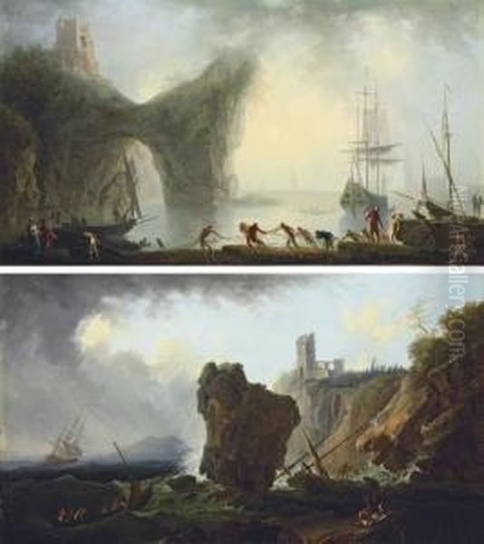 A Coastal Landscape With A 
Natural Arch And Fishermen Drawing In The Nets In The Foreground; And A 
Stormy Coastal Landscape With A Shipwreck Oil Painting by Francesco Fidanza