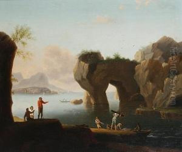 Fishermen And Other Figures On The Banks Of A Lake With A Town In The Distance Oil Painting by Francesco Fidanza