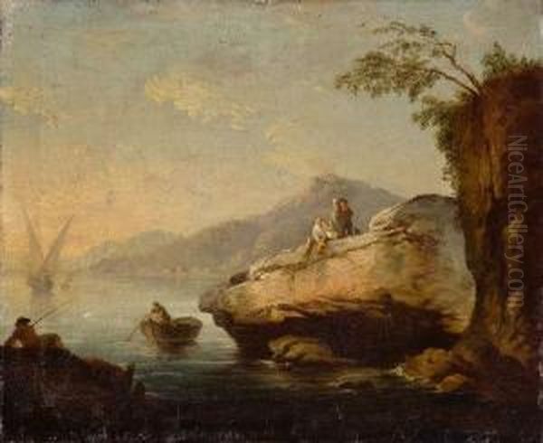 Paesaggio Costiero Con Pescatori In Riva Al Mare E Imbarcazione In Lontananza Oil Painting by Francesco Fidanza