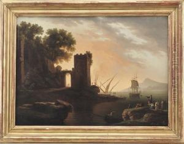 A Mediterranean Coastline With Fisherfolk Before A Ruinedtower Oil Painting by Francesco Fidanza