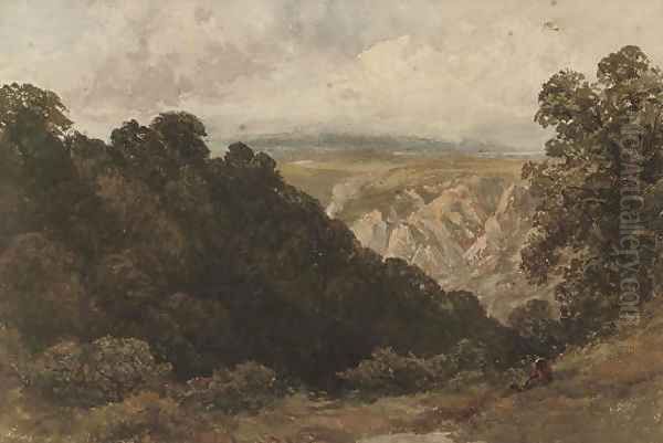 A figure looking over a mountainous landscape Oil Painting by David Cox