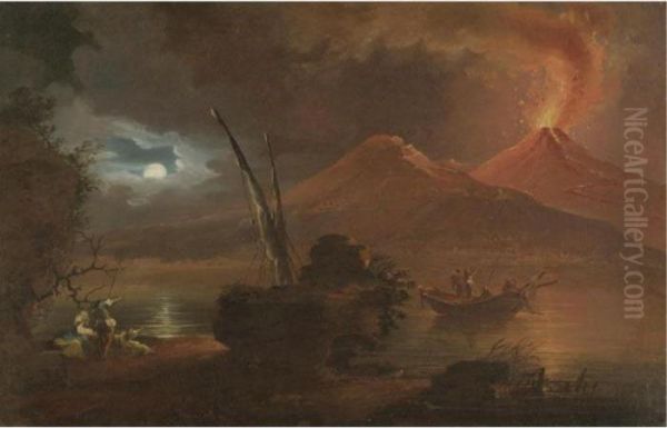 A View Of Mount Vesuvius Erupting By Moonlight Oil Painting by Francesco Fidanza