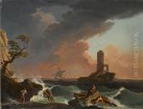 A Shipwreck In Stormy Seas With A Lighthouse Beyond Oil Painting by Francesco Fidanza