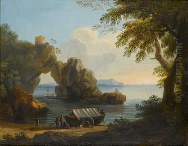 A Rocky Coastal Inlet With Figures Loading Goods Onto A Boat Oil Painting by Francesco Fidanza