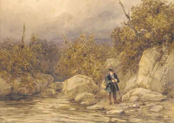 A fisherman at the edge of a river, North Wales Oil Painting by David Cox