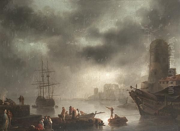 A Moonlit Harbour With Fishermen Unloading Their Catch With Figures On A Quayside Oil Painting by Francesco Fidanza