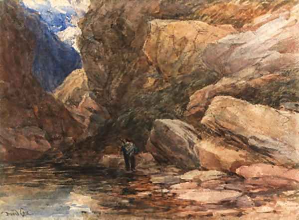 A hunter in a rocky river landscape Oil Painting by David Cox