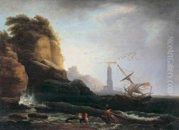 Paesaggio Costiero Con Il Mare In Tempesta, Veliero E Pescatori Oil Painting by Francesco Fidanza