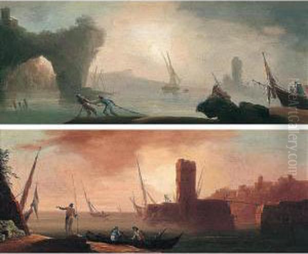 Coastal Landscapes With Fishermen At Dawn And Dusk Oil Painting by Francesco Fidanza