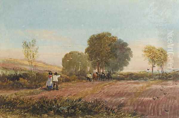 A ploughing scene in Surrey Oil Painting by David Cox