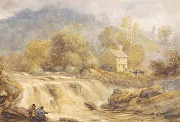 Anglers by a waterfall, Wales Oil Painting by David Cox