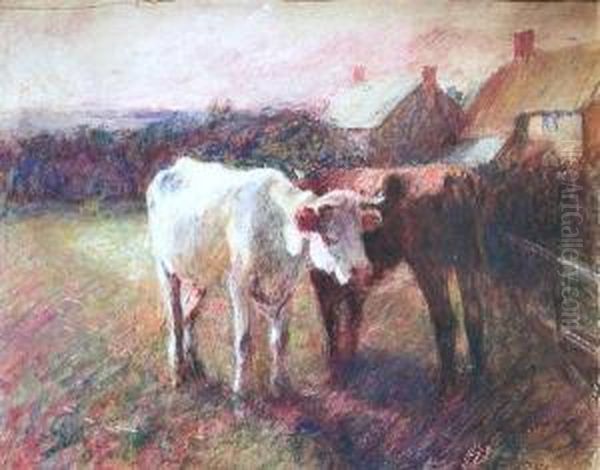 Cattle In A Meadow At Sunset Oil Painting by Harry Filder