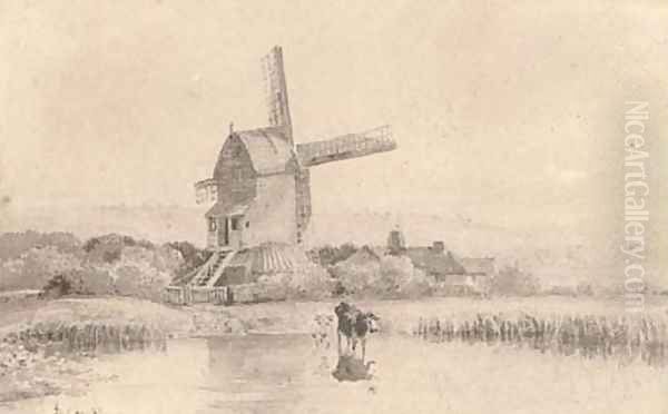 Cattle watering by a windmill on Dulwich Common Oil Painting by David Cox