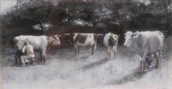 Cattle At Milking Time Oil Painting by Harry Filder