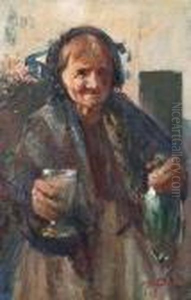 Old Woman With Ginger Beer Oil Painting by Harry Filder