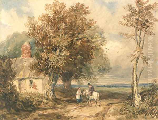 Figures on a track by a cottage, Wales Oil Painting by David Cox