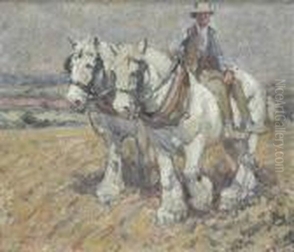 Waiting Fororders; Over The Fields, Country Scenes With Heavy Horses Oil Painting by Harry Filder