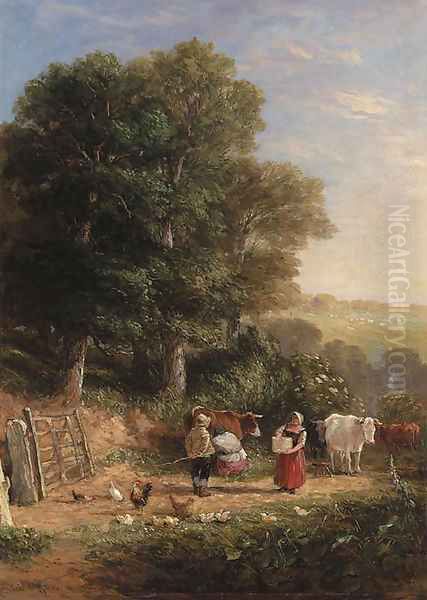 Milking time Oil Painting by David Cox