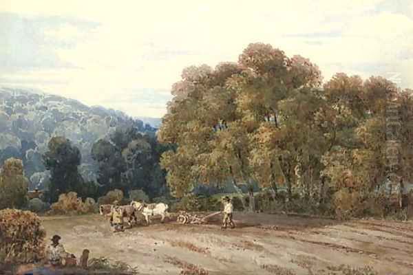 A horsedrawn plough in an extensive landscape Oil Painting by David Cox