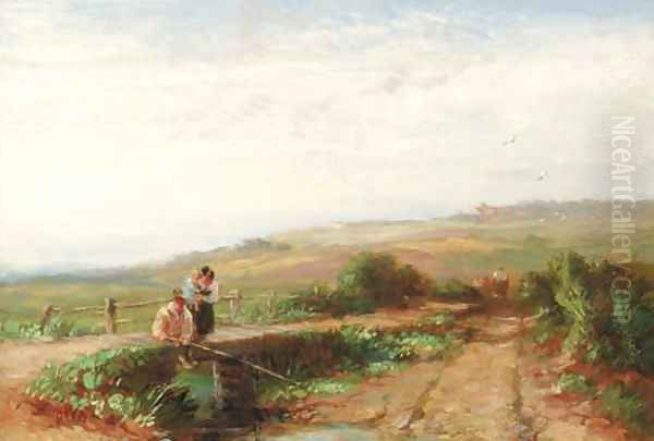 Children fishing Oil Painting by David Cox