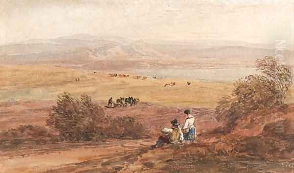 Figures in a rural landscape with the sea beyond Oil Painting by David Cox