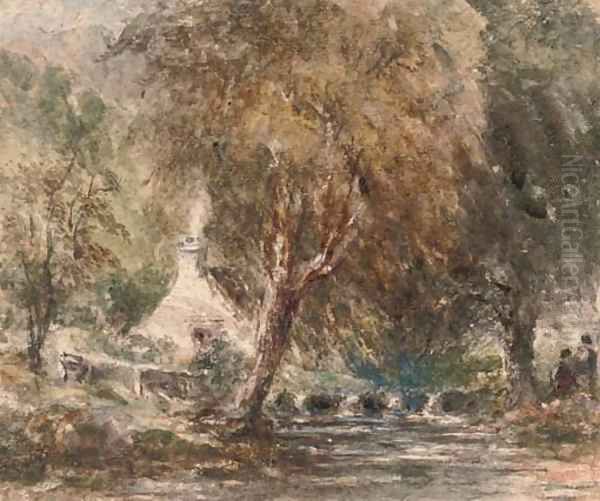 Figures on the banks of a river in a wooded landscape Oil Painting by David Cox