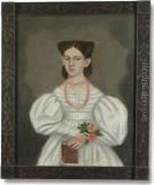 Portrait Of A Young Girl In White Dress With Roses And Book Oil Painting by Erastus Salisbury Field