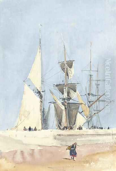 Sailing vessels preparing for sea, Dieppe, France Oil Painting by David Cox