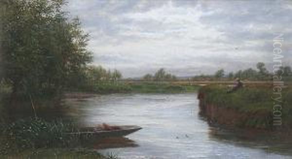 A Tranquil River Landscape With Man Fishing On The Bank Oil Painting by Walter Field