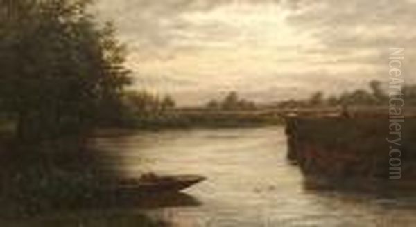 A Figure Fishing By A River. Oil Painting by Walter Field