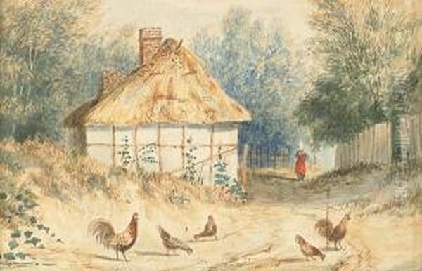 Country Lane With Cockerel, Chickens, Cottage And Figure Oil Painting by Newton Fielding