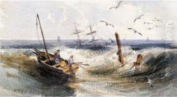 Fisherman In A Rowing Boat At Sea Oil Painting by Newton Fielding