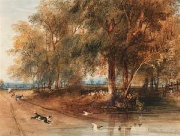 A Woodland Scene With A Dog Chasing Ducks Oil Painting by Newton Fielding