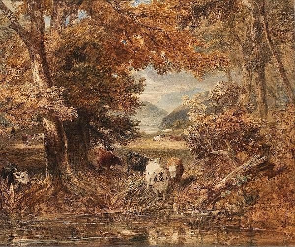 Cattle Watering From A Stream Oil Painting by Thales Fielding