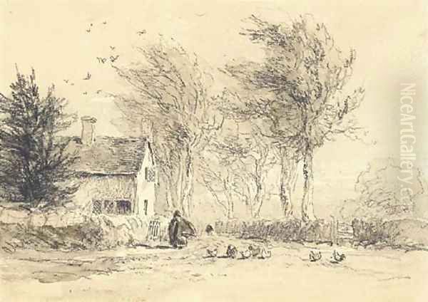 A figure feeding chickens before a cottage Oil Painting by David Cox