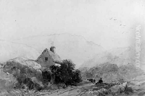 A figure seated on the side of a track, below a cottage Oil Painting by David Cox