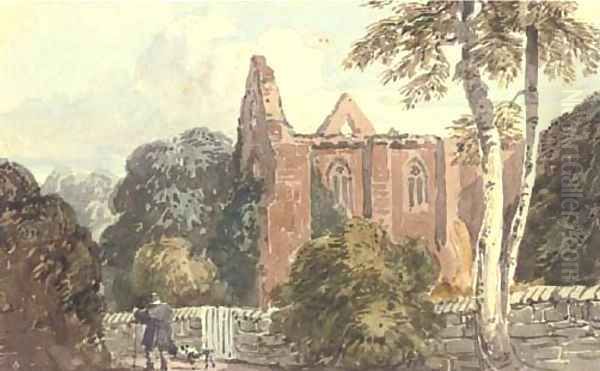 A figure with a dog beside a ruined abbey Oil Painting by David Cox