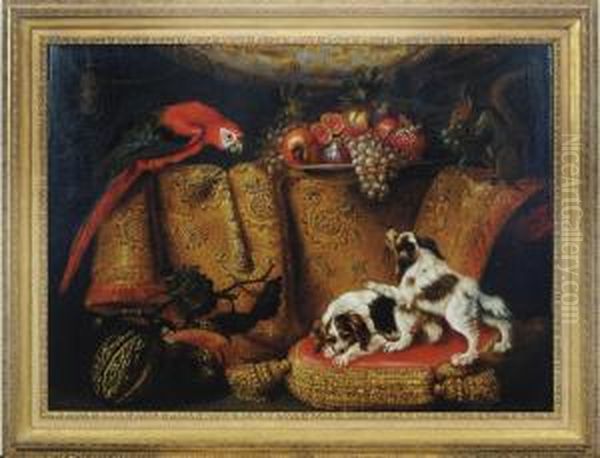 Still Life Of Dogs, Parrot And Fruit By A Draped Table Oil Painting by Francesco (Il Maltese) Fieravino