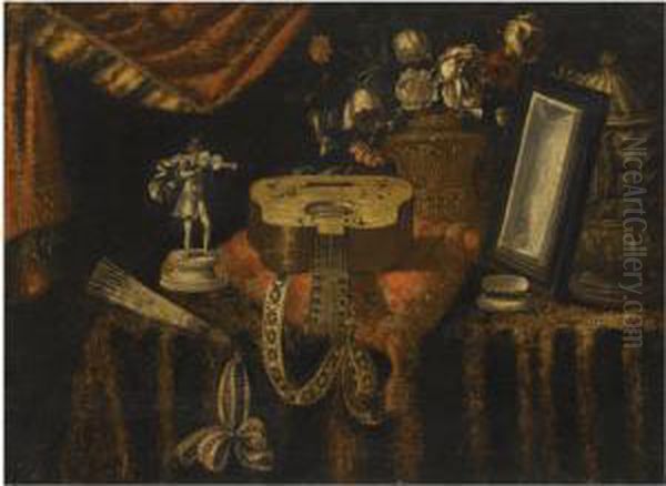 A Still Life With A Guitar, A 
Fan, A Statuette Of A Violinist, Asnuff Box, A Mirror And Flowers, All 
On A Draped Table Oil Painting by Francesco (Il Maltese) Fieravino