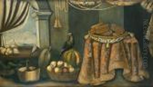 Nature Morte Aux Plat De Biscuits, Corbeille De Pommes Etoiseaux Oil Painting by Francesco (Il Maltese) Fieravino