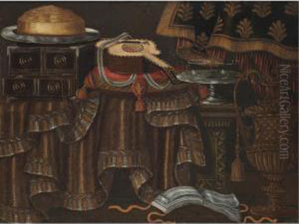 A Still Life With A Guitar On A 
Cushion Together With Other Objects On A Partly Draped Table With An 
Open Manuscript And An Urn In The Foreground Oil Painting by Francesco (Il Maltese) Fieravino