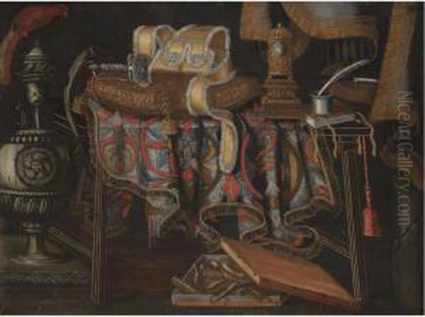 A Still Life With A Sword 
Resting On A Cushion, A Clock, A Book And An Inkwell On A Partly Draped 
Table Together With A Box Of Sweetmeats And An Urn In The Foreground Oil Painting by Francesco (Il Maltese) Fieravino