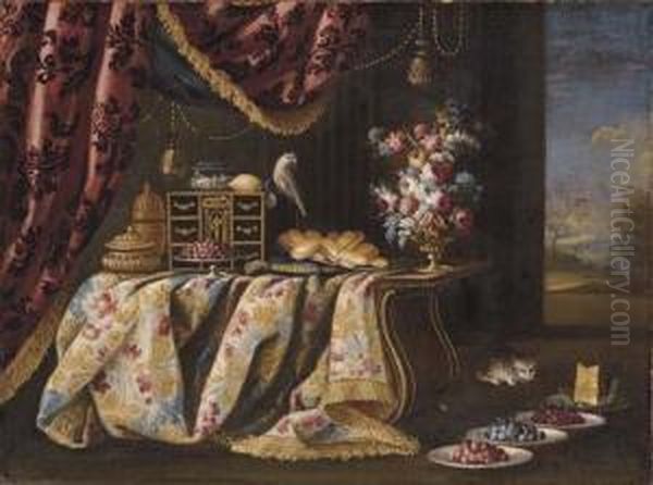 Silver Gilt Pots, A Cabinet, A 
Bowl Of Cherries, A Plate Of Bread Rolls, A Parrot And Flowers On A 
Draped Table, With A Cat And Plates Of Berries And Cheese Oil Painting by Francesco (Il Maltese) Fieravino