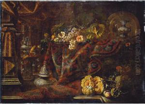 An Interior With A Fruit-laden 
Large Pewter Dish On A Table Draped With A Patterned Carpet; An Incense 
Burner, Melons And Other Fruit Arranged In The Foreground Oil Painting by Francesco (Il Maltese) Fieravino